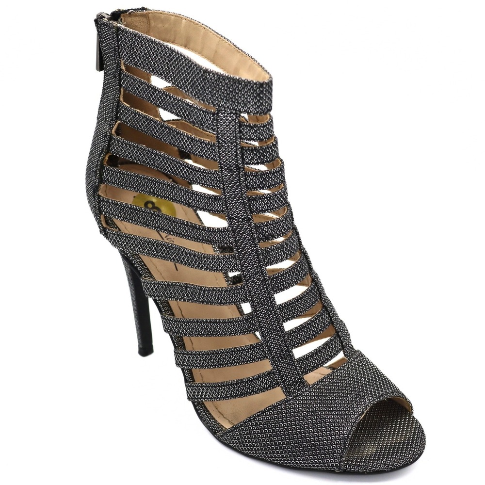 Caged Gladiator Heels Womens 8 Silver Black Good Stiletto Sandalsc Anne Michelle